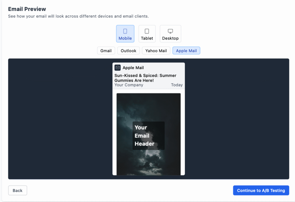 Email marketing simulator showing desktop and mobile preview of the email layout.